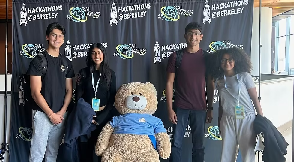 DataStory competition team with Cal Hacks mascot at Berkeley hackathon