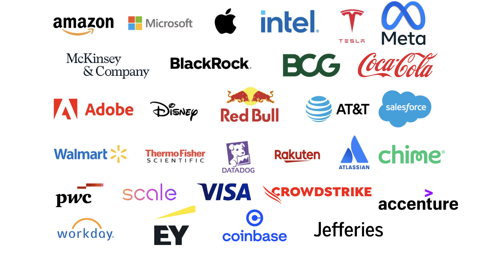 Companies where DataStory members work including Amazon, Microsoft, Apple, Intel, Tesla, Meta, McKinsey, BlackRock, BCG, Coca-Cola, Adobe, Disney, Red Bull, AT&T, Salesforce, Walmart, ThermoFisher Scientific, DataDog, Rakuten, Atlassian, Chime, PwC, Scale, Visa, CrowdStrike, Accenture, Workday, EY, Coinbase, and Jefferies